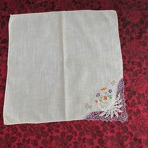 Vintage Hand Tatted Floral Lace Alongside Multi-Colored Embroidered Hanky Edge